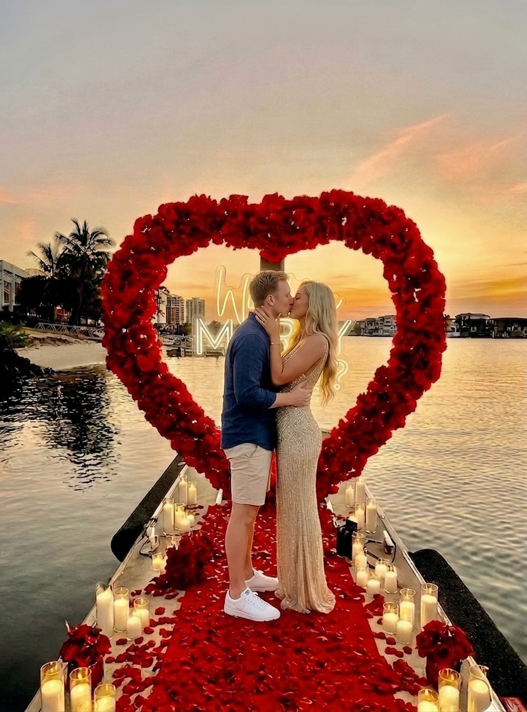 Romantic proposal with Marry Me Sign and Heart Arbour